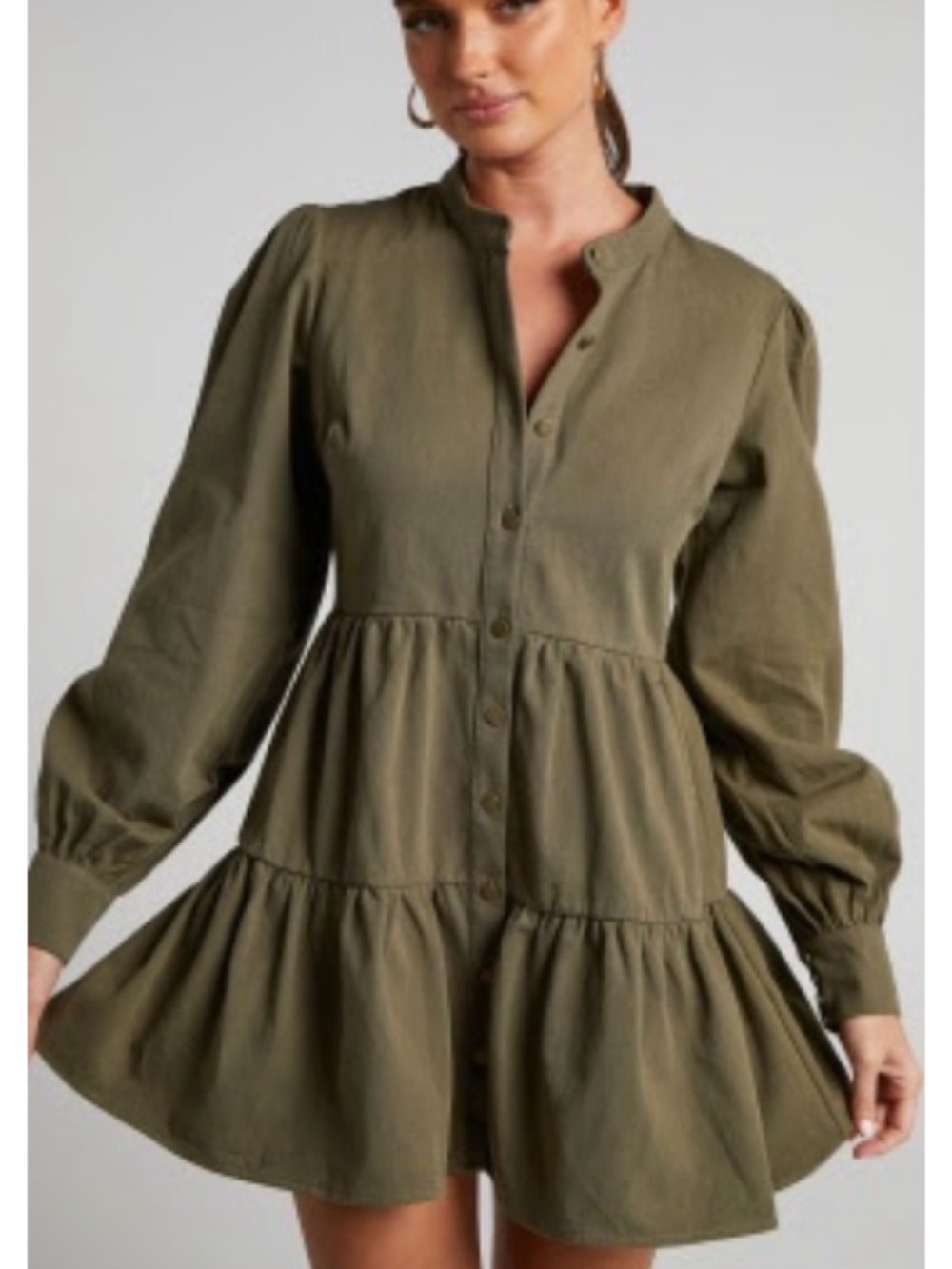 Showpo Olive Button-Front Tiered Mini Dress